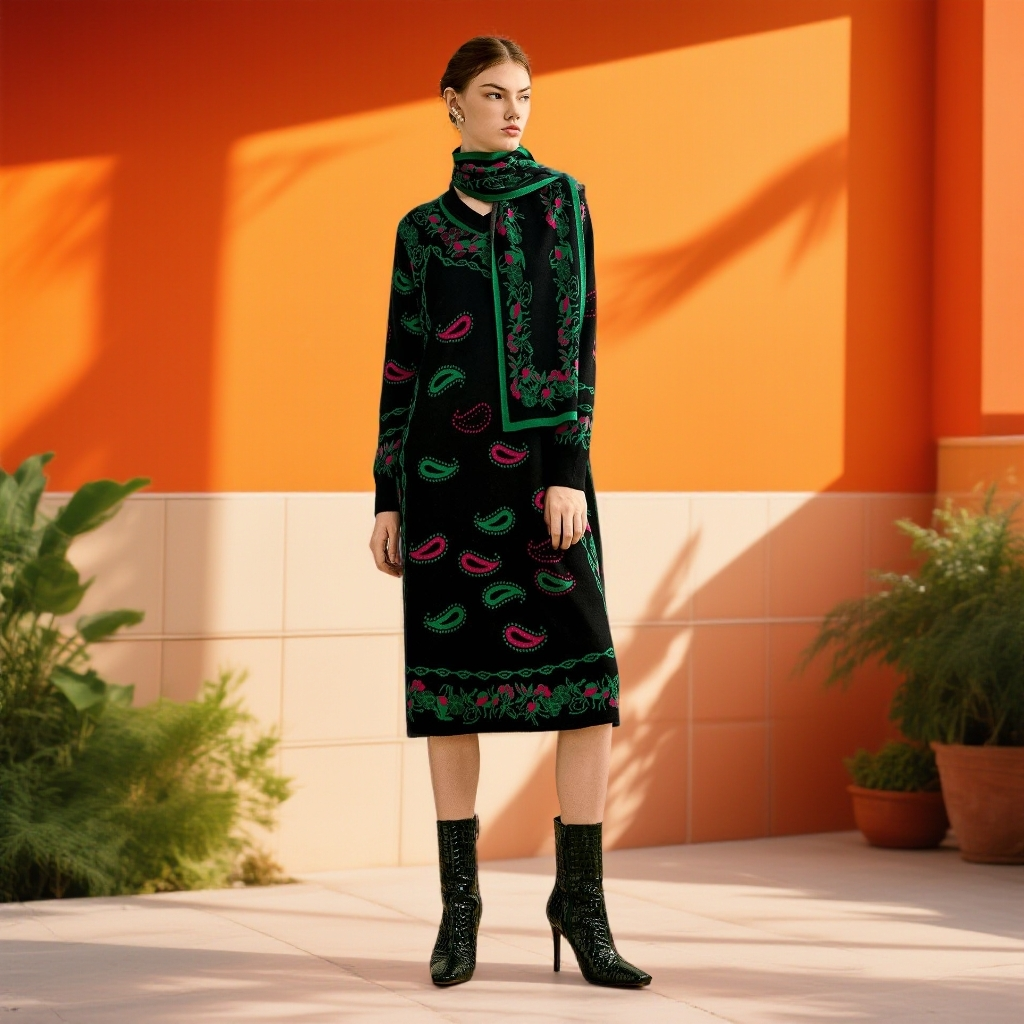 妈妈装复古冬装连衣裙印花羊毛连衣裙配围巾长袖端装减龄名媛裙子