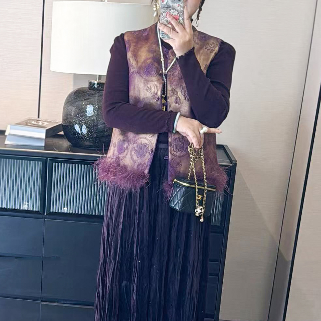 新中式国风提花拼接毛毛马夹外套女秋冬高端马甲无袖夹棉外穿上衣