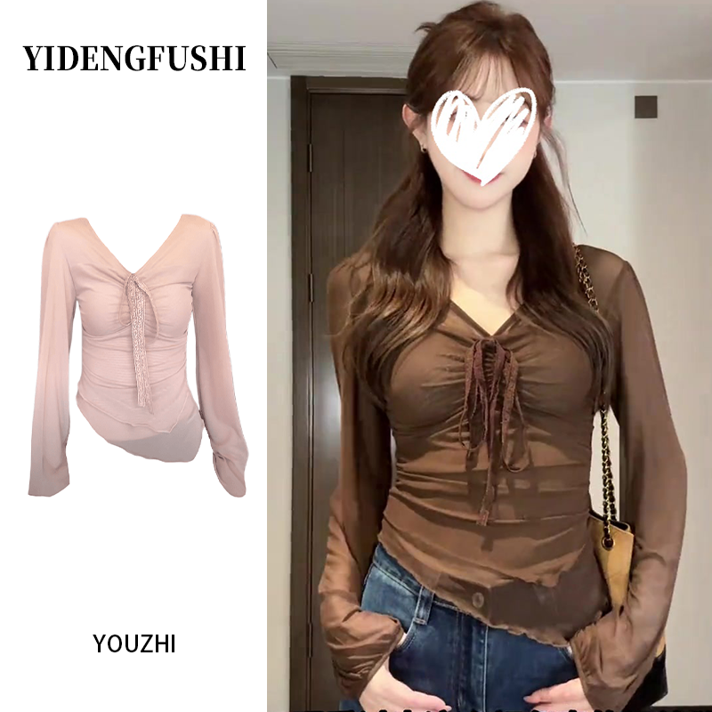 法式小众V领绑带褶皱小衫T恤女秋季女人味气质显瘦不规则长袖上衣
