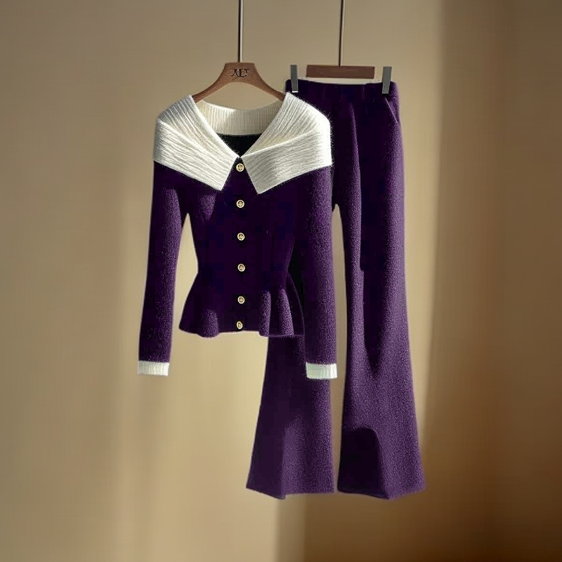 冬季穿搭一整套高级感气质名媛高端小香风紫色翻领毛衣阔腿裤套装