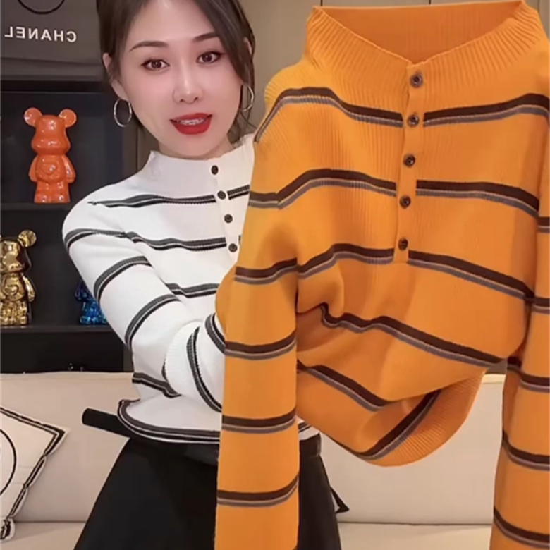 时尚撞色条纹半开领针织衫女2025秋冬新款百搭洋气修身显瘦上衣潮