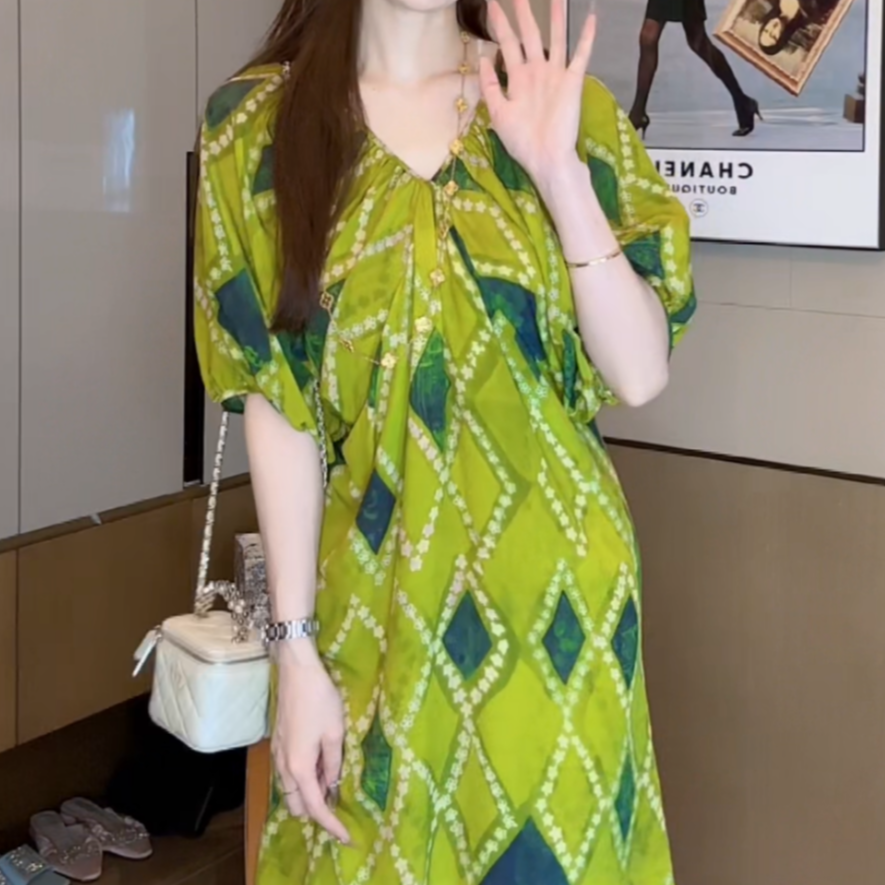 【丝芙玉禄】（S210）真丝双绉桑蚕丝气质印花减龄宽松女装连衣裙