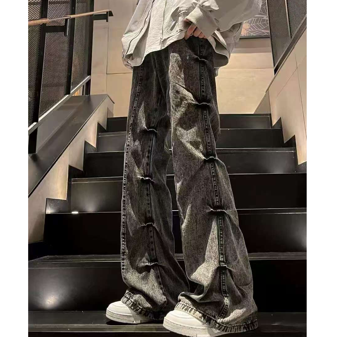 美式复古褶皱牛仔裤vibe高街裤子男潮牌欧美街头水洗直筒微喇叭裤