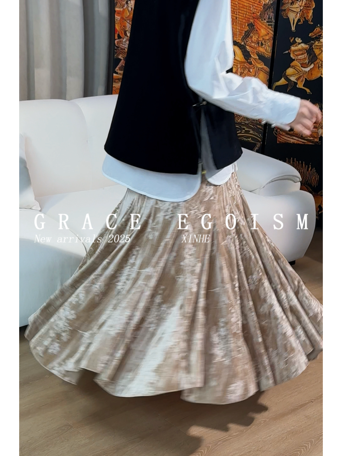 金禾【漫旋裙】原创秋冬款国风金丝绒提花高腰半身裙3590