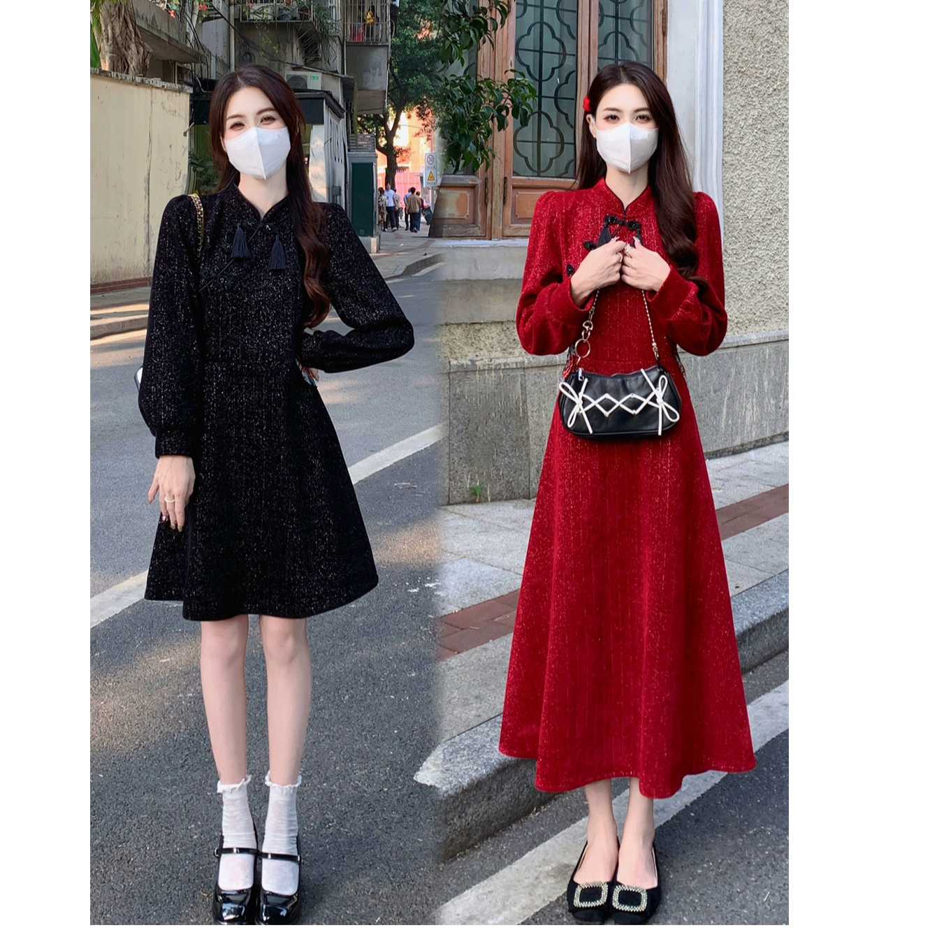 大码甜酷辣秋冬小香风加厚改良A字旗袍连衣裙3520