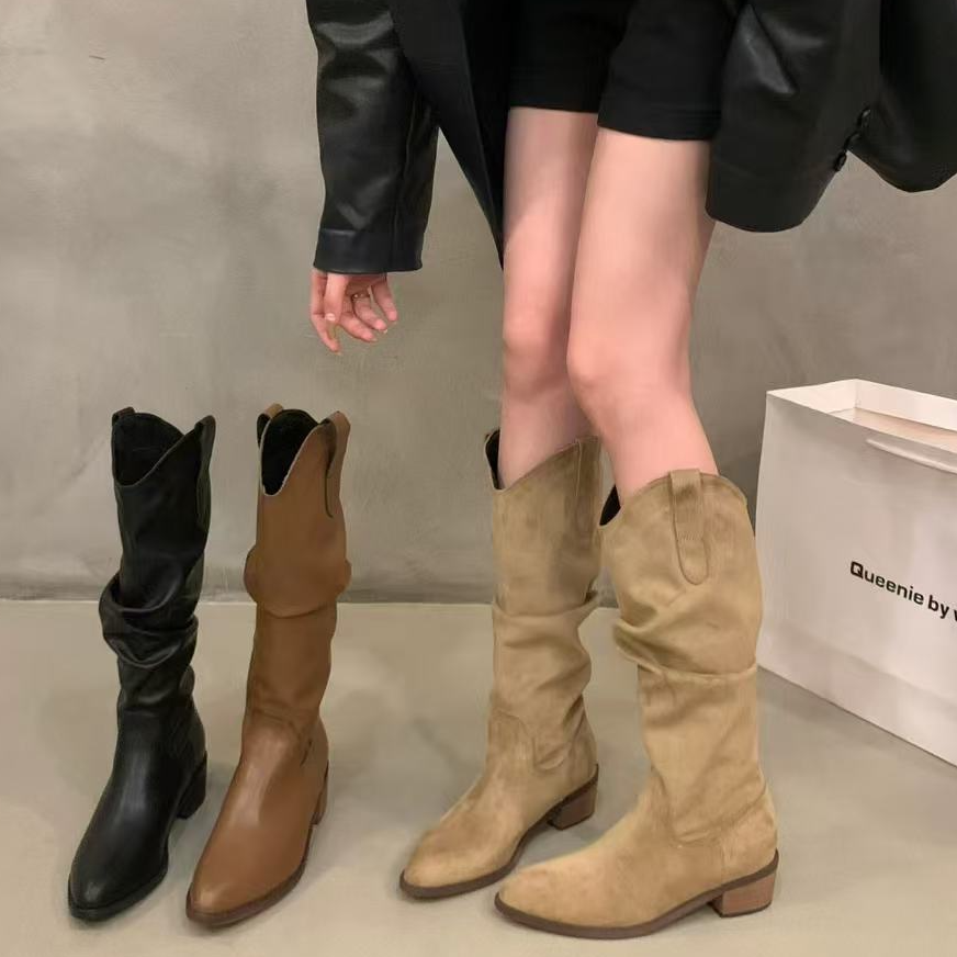 棕色V口长筒靴女2025秋冬新款粗跟绒面高筒骑士靴爆款西部堆堆靴