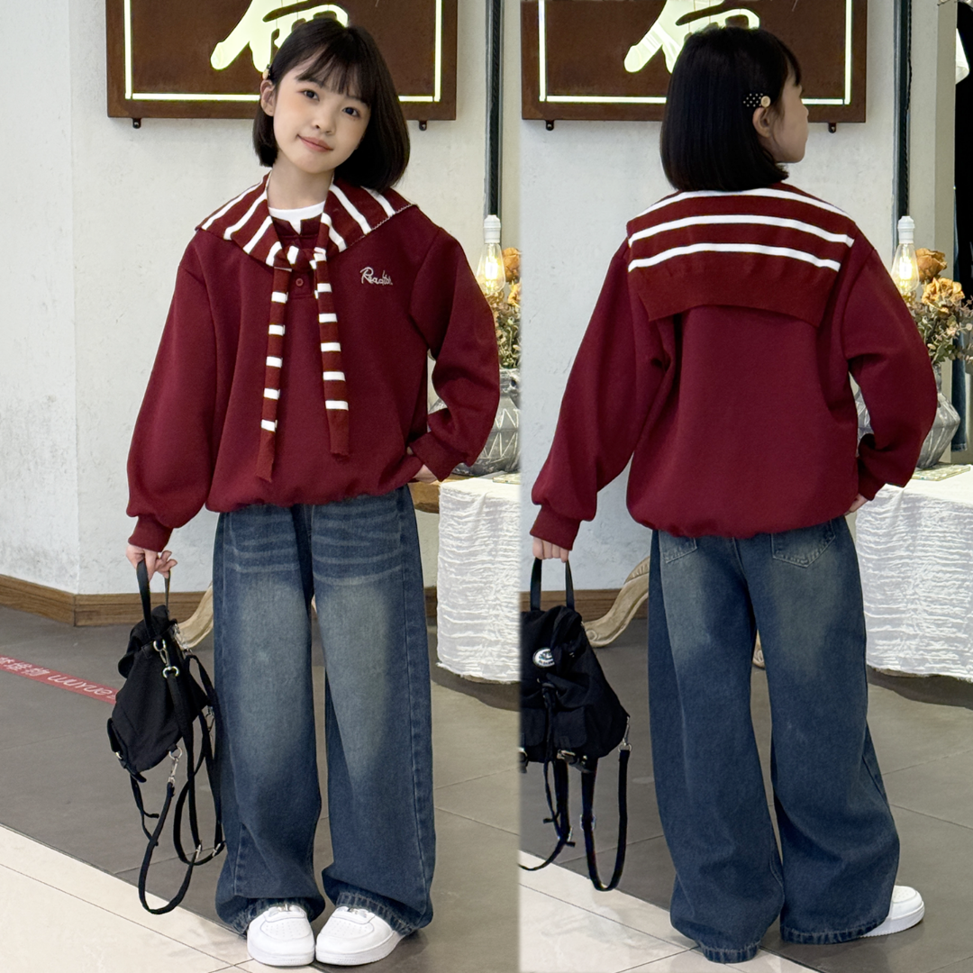 女童卫衣秋装套装时髦新款外穿韩版儿童洋气披肩卫衣牛仔裤两件套