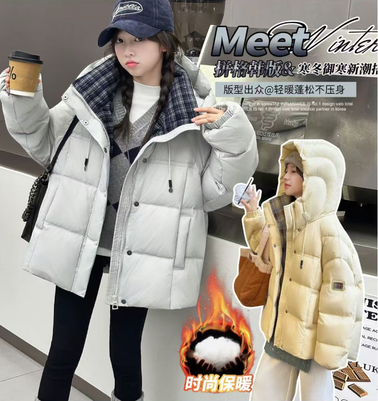 女童冬季外套新款韩版拼格子连帽棉服女孩5-13岁韩版时尚保暖棉衣