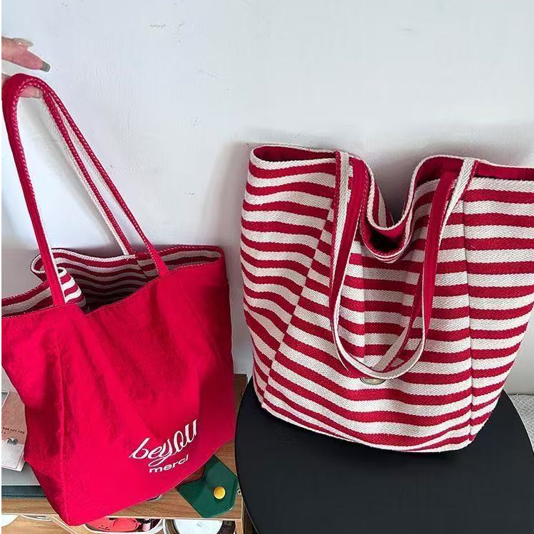 2025夏季新款横纹双面可用帆布包防泼水单肩斜挎包妈咪包韩版简约