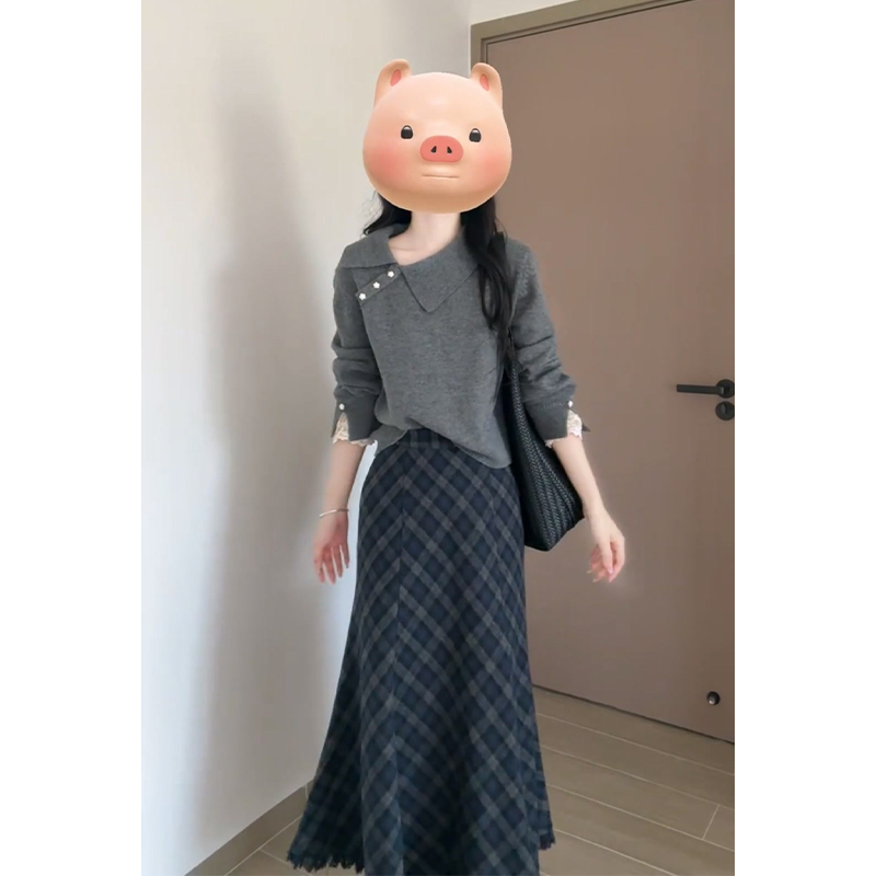 2025秋季新款女韩系穿搭翻领拼接蕾丝长袖毛衣上衣高腰格纹半身裙