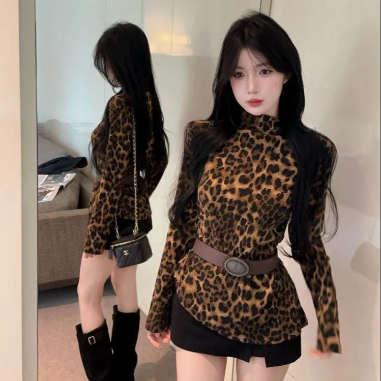 复古豹纹印花配腰带长袖T恤女秋季新款洋气时髦不对称褶皱打底衫