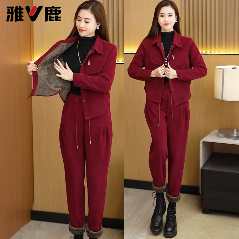 雅鹿加绒加厚时尚套装女2025秋冬新款减龄开衫卫裤两件套
