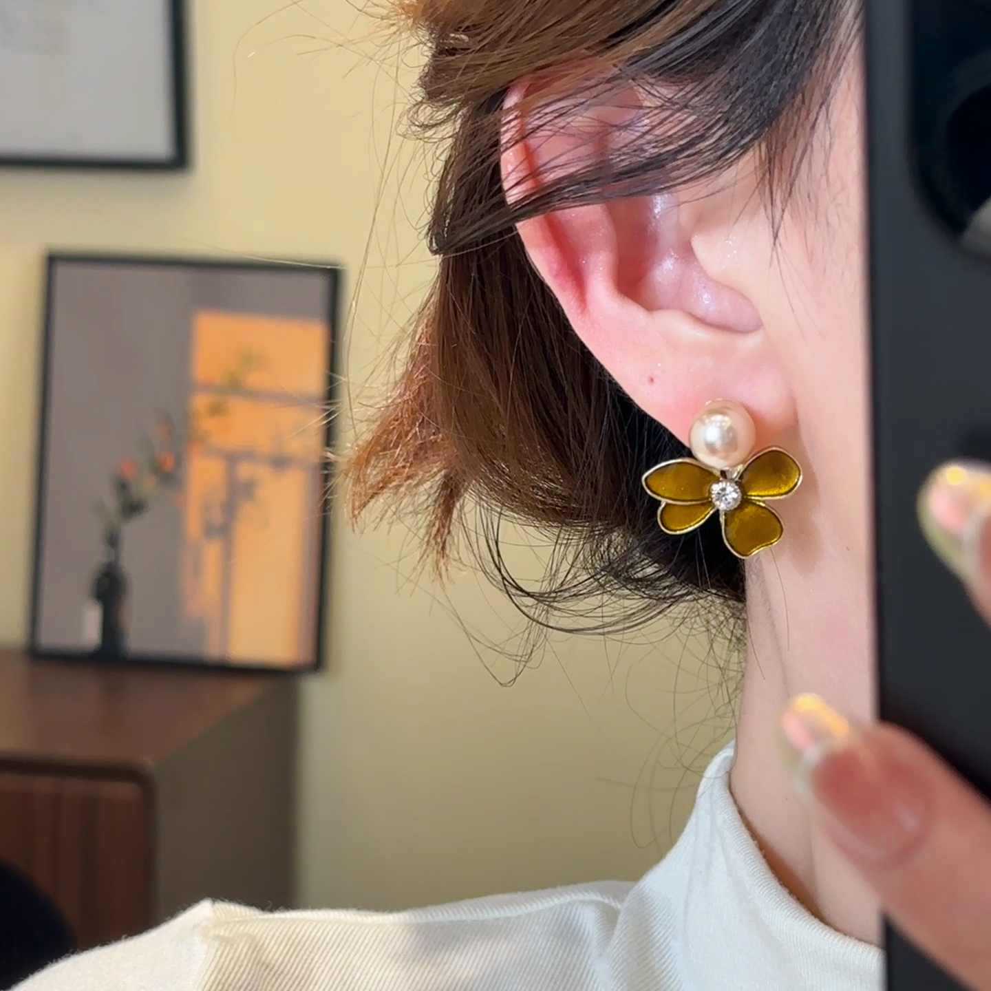 H432 珍珠花朵美拉德耳环气质轻奢时尚