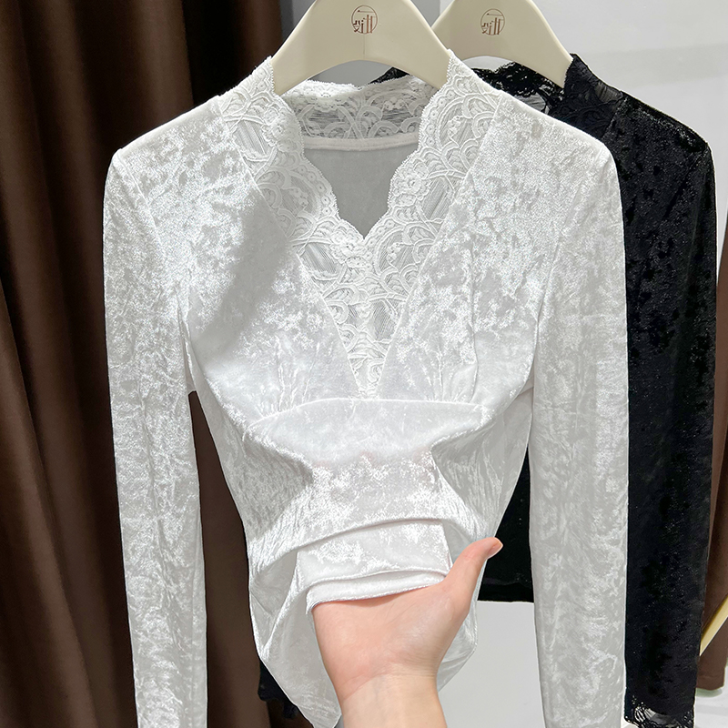 蕾丝边V领丝绒打底衫女款爆款2025新款钻石毛网纱洋气百搭上衣女