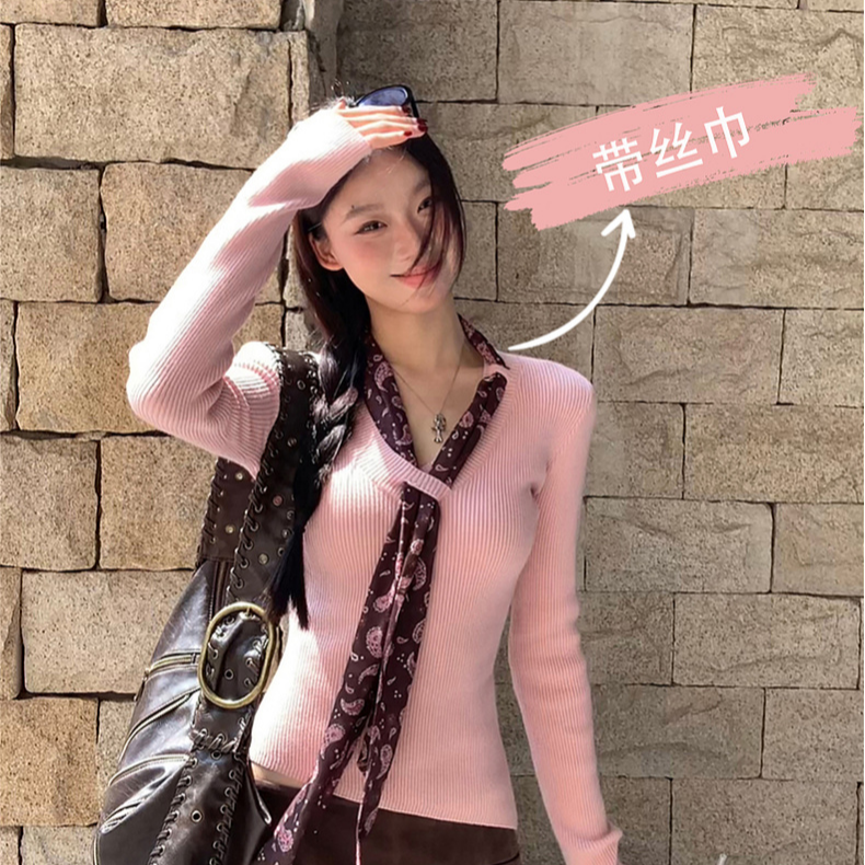 韩系设计感粉色v领针织毛衣秋冬季修身内搭打底长袖上衣2025新款