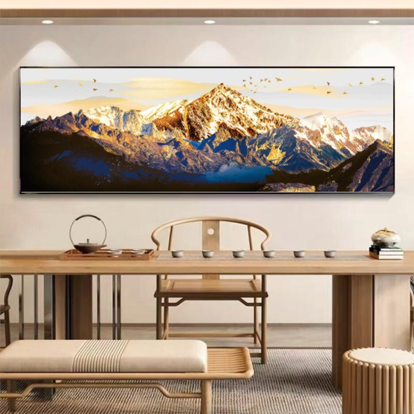 中式客厅沙发装饰画日照金山背景墙挂画现代轻奢铝合金山水背景画