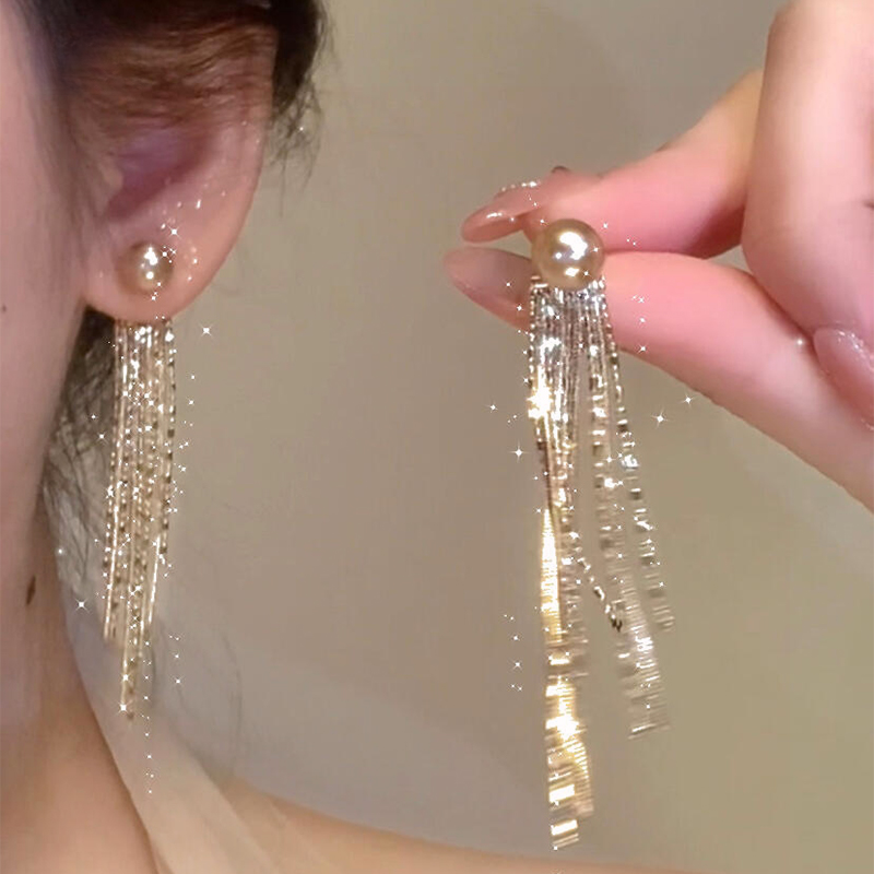合金耳饰 香槟金瀑布流苏耳钉绝美精致银针耳环长款气质高级耳饰