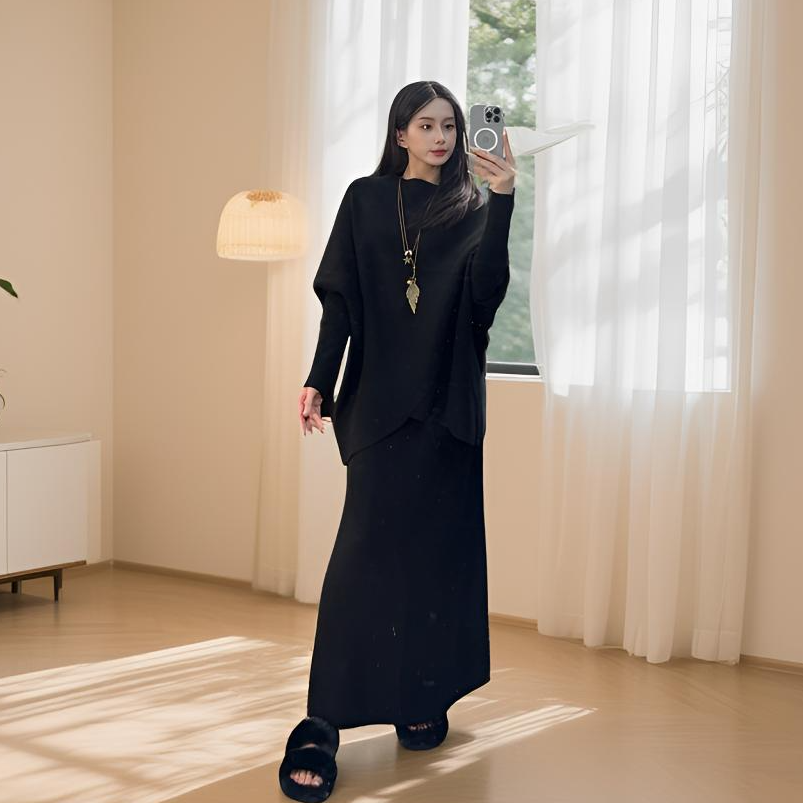 高品质不规则宽松显瘦气质温柔实拍圆领蝙蝠衫毛衣套装