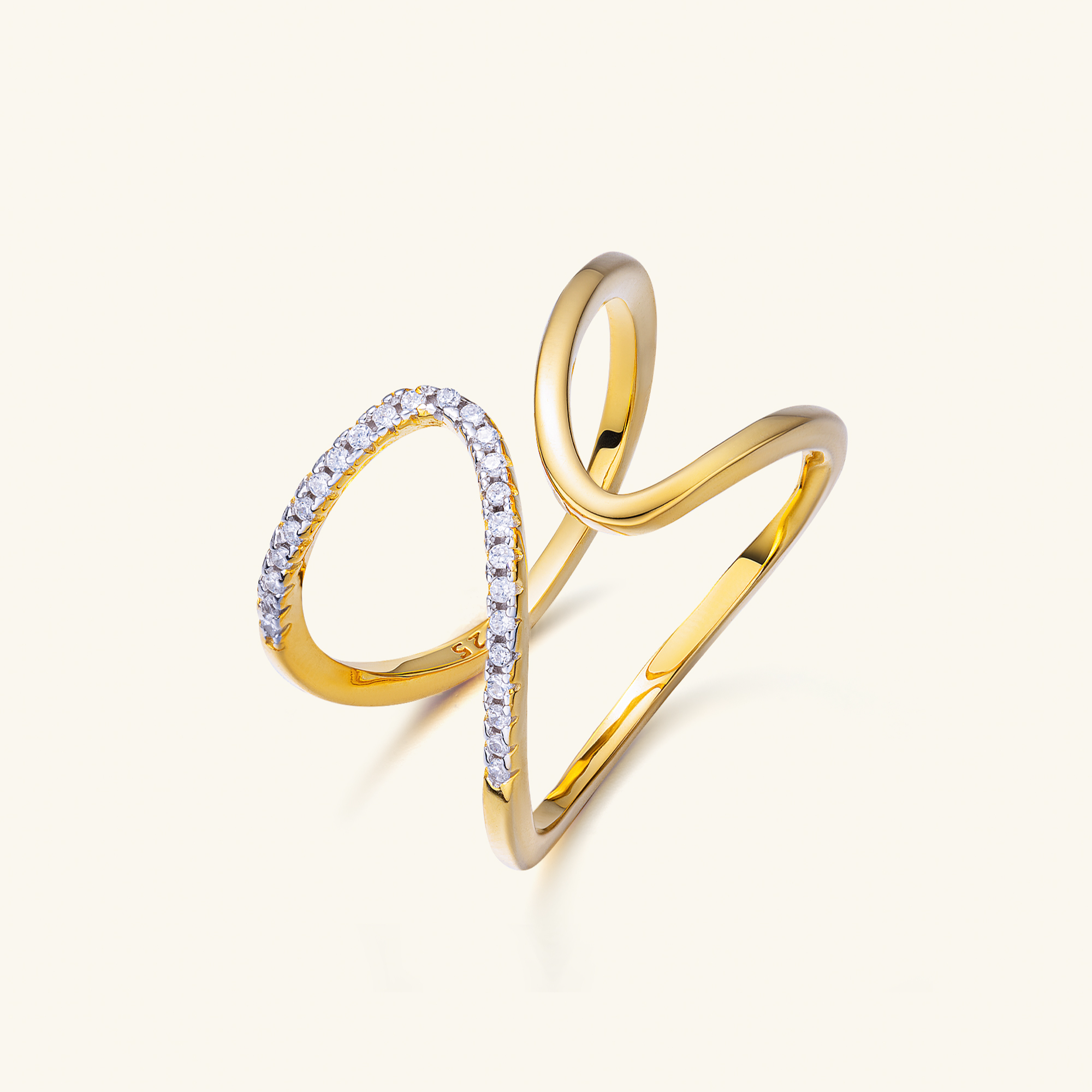 925银合成锆石戒指 Cendora·里拉几何交叉戒指S925纯银镀18K金