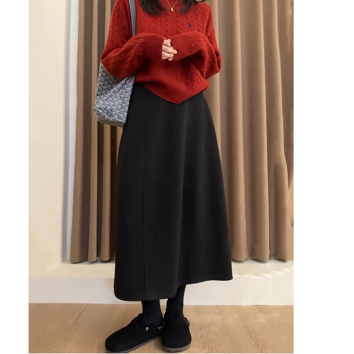高季感毛呢半身裙女秋冬新款气质a字大码微胖mm显瘦花苞裙
