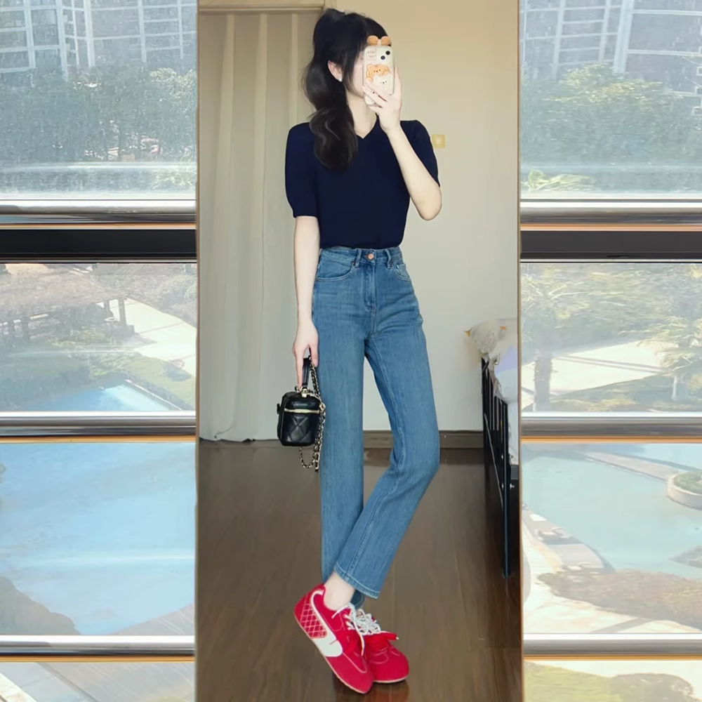 秋季高腰薄款小直筒牛仔裤女深色复古蓝八九分小个子法棍烟管裤子