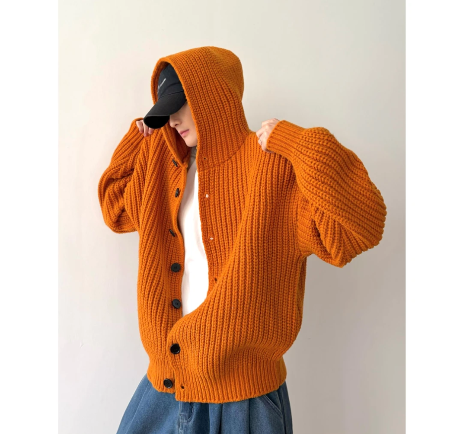 冬季复古慵懒重磅连帽粗棒针纽扣毛衣厚外套男女潮牌休闲针织上衣