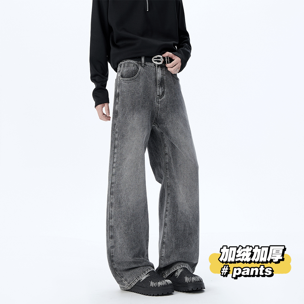 美式复古水洗牛仔裤男百搭加绒加厚基本款长裤高街后腰松紧直筒裤