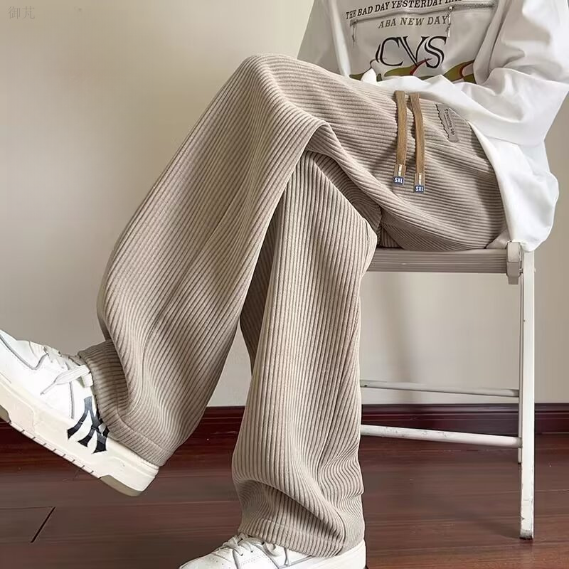 米白色灯芯绒裤子男春秋高级感oversize运动卫裤雪尼尔直筒阔腿裤