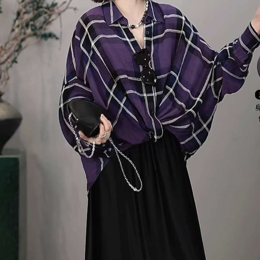 【幻紫交织】经典格纹前襟打结衬衫宽松上衣时尚气质洋气休闲上衣