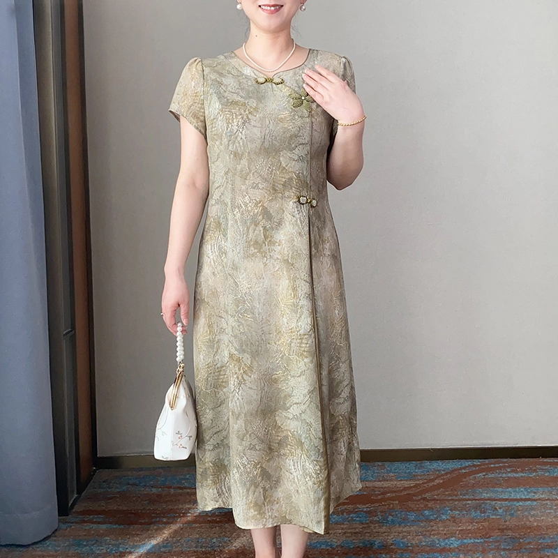 妈妈夏装新中式连衣裙女士洋气短袖裙中老年时尚减龄长裙宽松显瘦