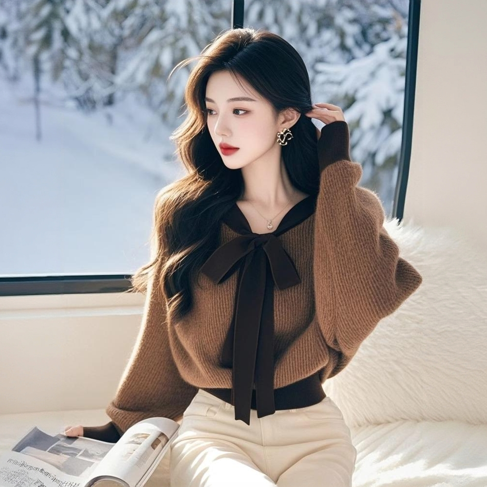 韩系蝴蝶结系带毛衣2025秋冬新款小个子百搭短款洋气时尚针织衫女