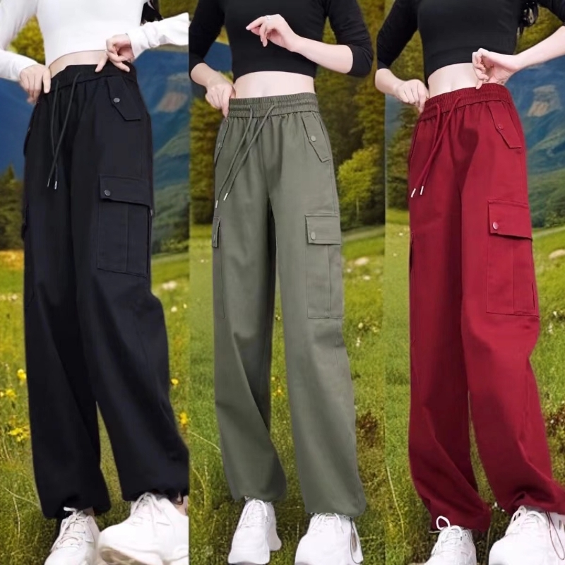 春秋新款高腰工装裤女休闲宽松显瘦抽绳直筒美式高街阔腿运动裤女