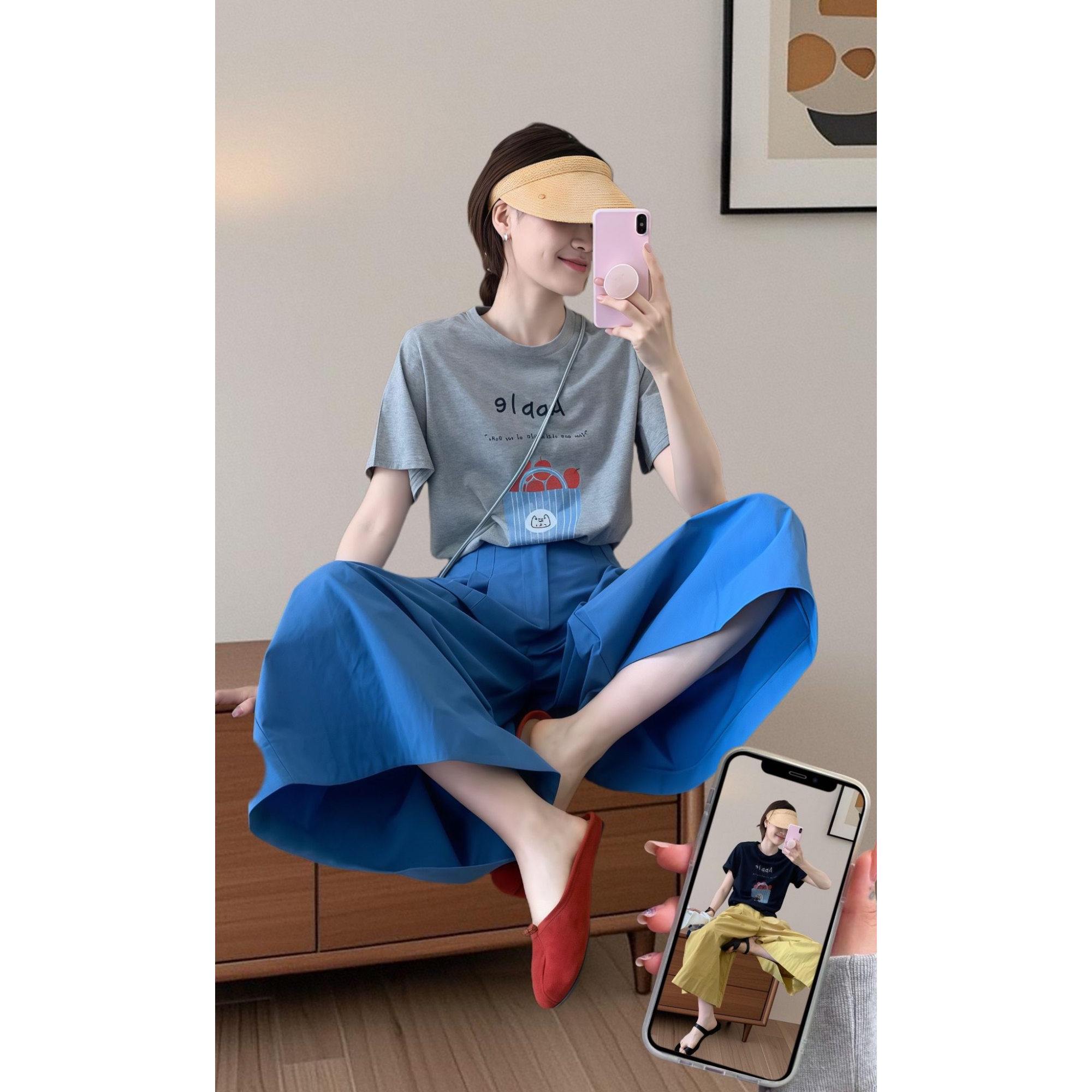 2025夏季新款韩系穿搭慵懒风短袖T恤上衣搭配阔腿裙裤两件套女潮