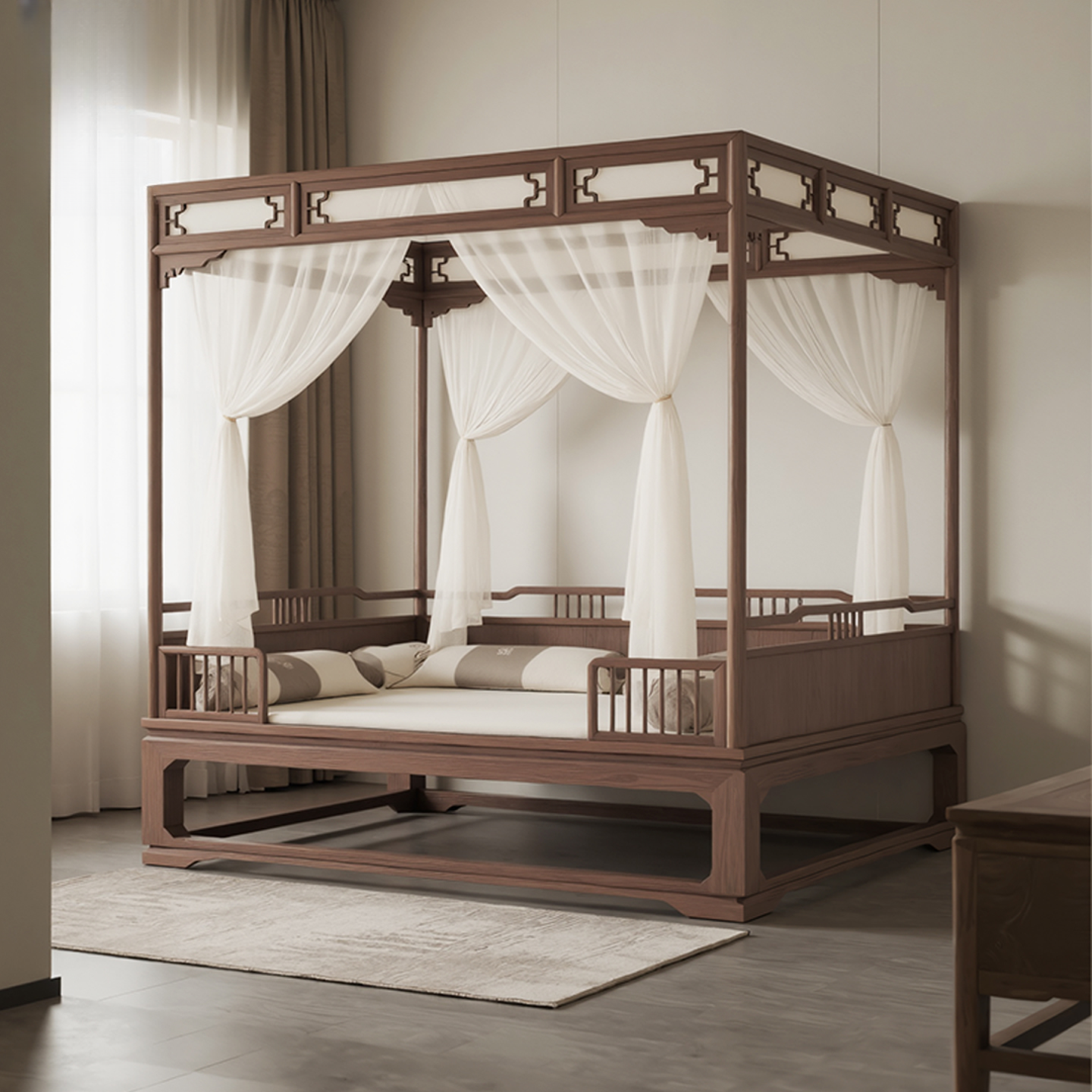 新中式北美黑胡桃木宋式实木床双人床架子床仿古四柱床民宿拔步床