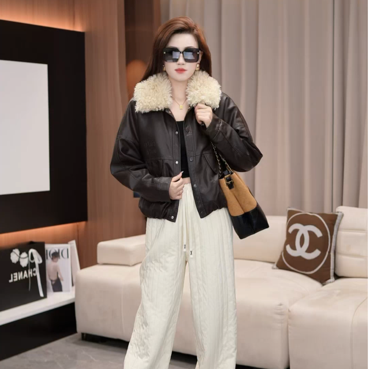 2025秋冬加绒美式复古烫字皮衣外套女时尚酷飒风夹克