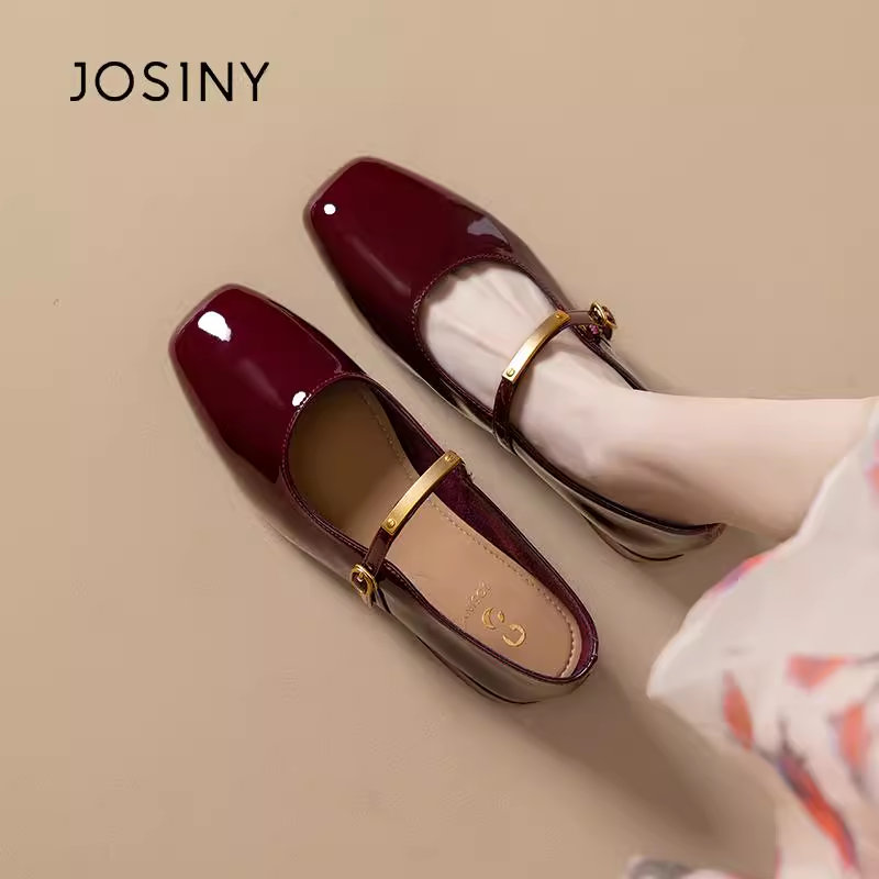 卓诗尼单鞋女2025春秋新款红色复古赫本风小皮鞋浅口卓诗尼女鞋