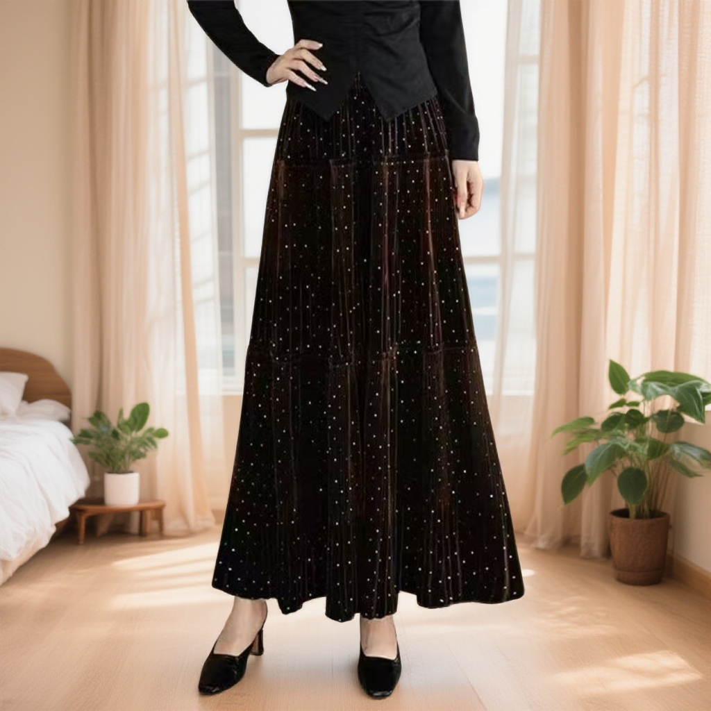 秋冬新款2025烫钻半身裙高腰中长裙松紧A字裙显瘦大摆裙丝绒裙