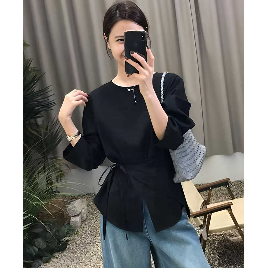 法式复古高级感圆领开叉长袖衬衫女2025新款早秋宽松独特别致上衣