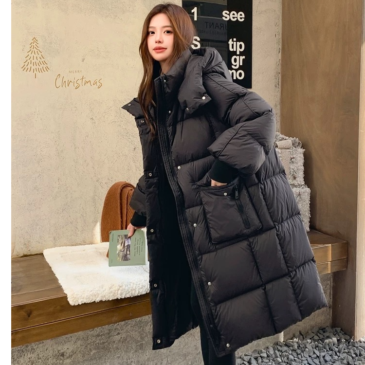 【90白鸭绒】正品韩版高级时尚连帽保暖中长款泡芙加厚被子款羽绒服