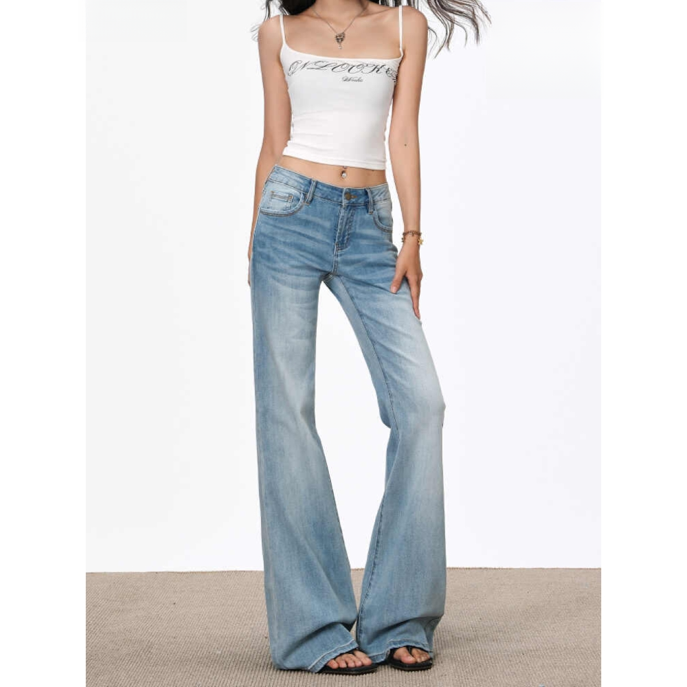 美式浅色低腰微喇牛仔裤女2025夏季新款弹力不贴腿小个子马蹄裤子