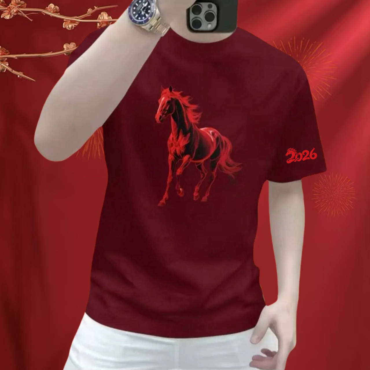 2026马年限定本命年100%纯棉男士短袖T恤春夏新款国潮印花体恤衫