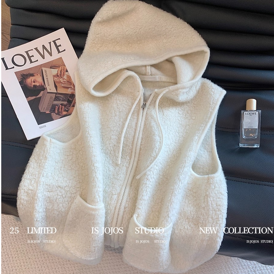 2025新款爆款米白色连帽针织马甲女装设计感高级休闲百搭无袖上衣