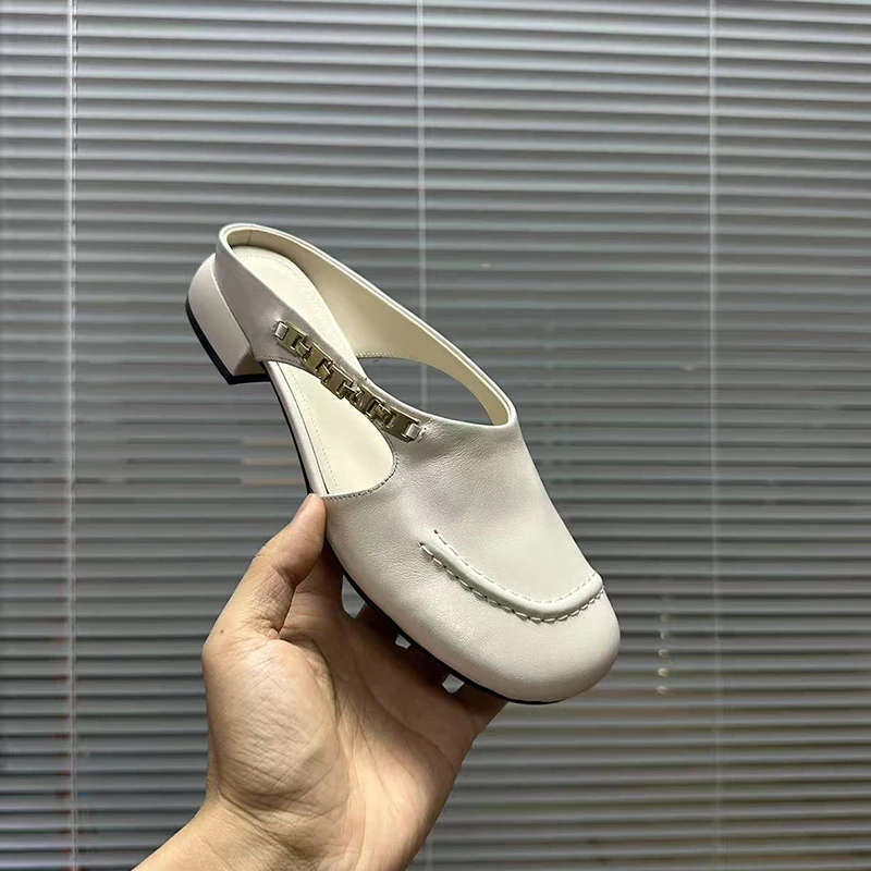 3CM/粗跟真皮包头半拖鞋女时尚夏季新款圆头镂空中跟拖鞋女鞋外穿
