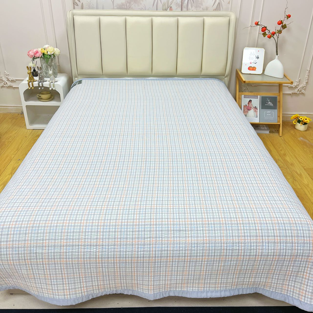 【温馨格子】150*200绗缝韩国尾单斜纹棉轻奢卧室榻榻米床盖柔软