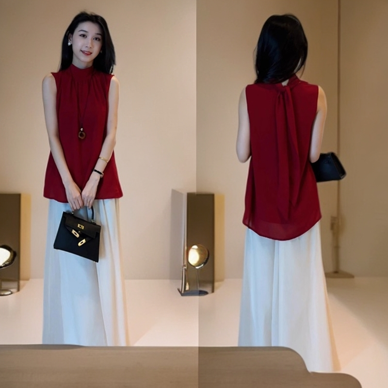 时尚套装女2025夏季新款洋气显瘦无袖衬衫上衣阔腿裤减龄两件套潮