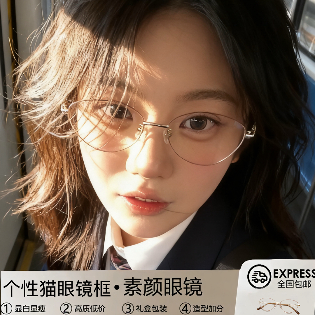 超轻气质百搭猫眼素颜眼镜框网红女金丝眼镜方圆脸适合的眼镜