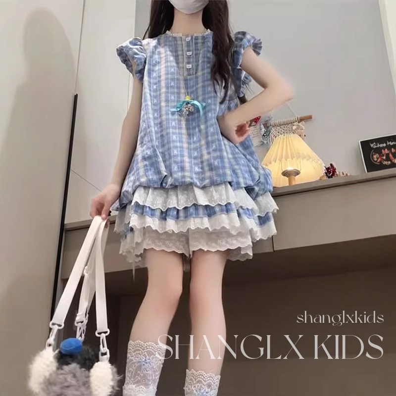 女童别致裙子泡泡袖格子连衣裙儿童学院风蛋糕裙夏季2025新款大童