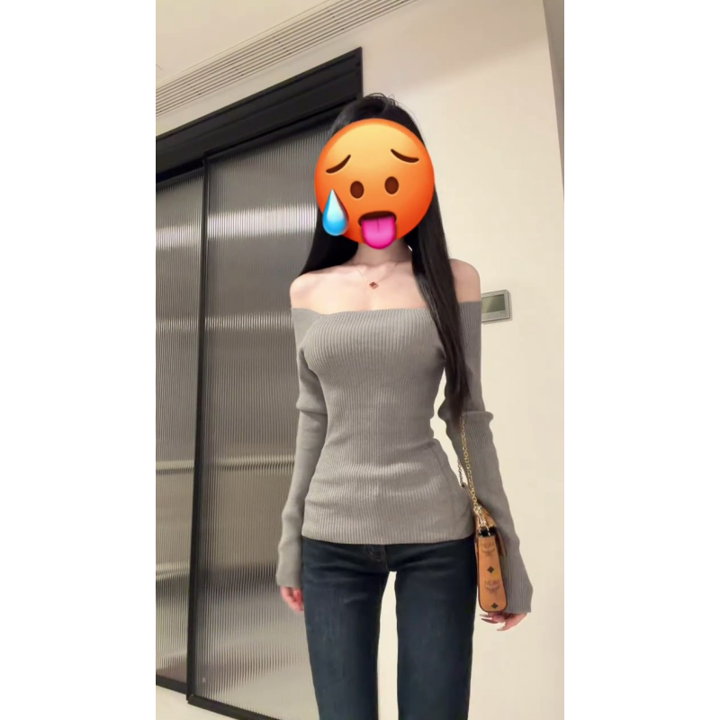 韩版灰色露肩一字领针织衫女秋季新款气质内搭衫修身显瘦百搭毛衣