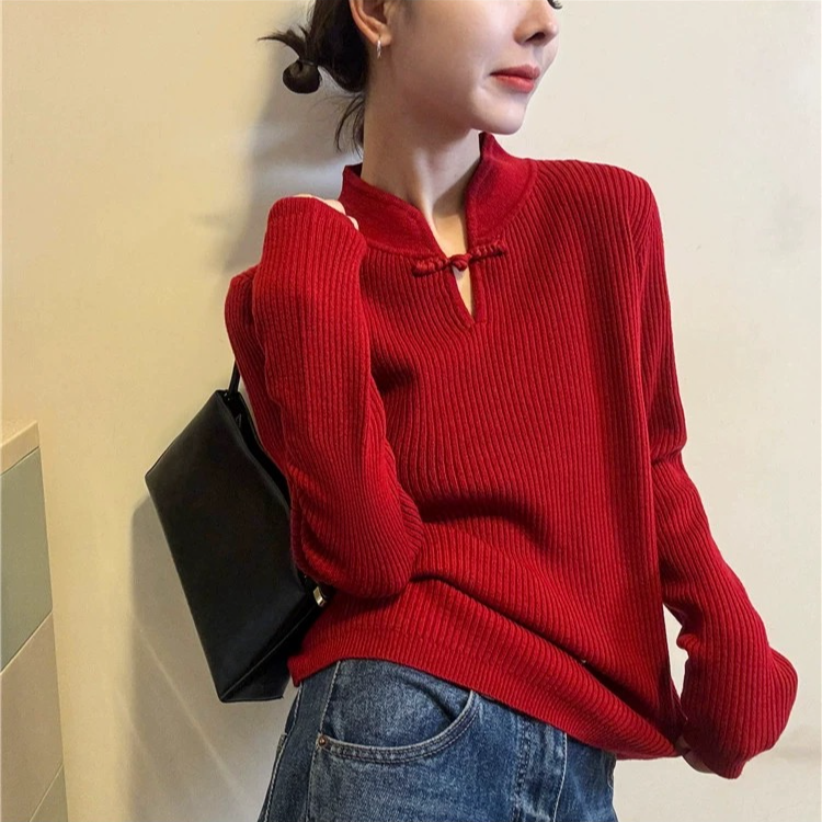 MEIZHENZI【新中式盘扣】100绵羊毛|冬季红色毛衣女百搭针织打底衫