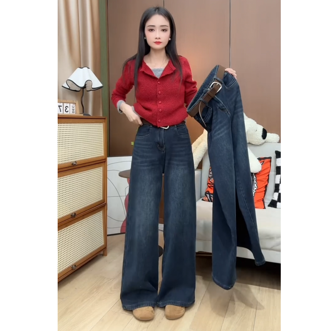 2025冬季时尚复古显瘦高级感加绒加厚牛仔裤垂感高腰百搭阔腿裤潮